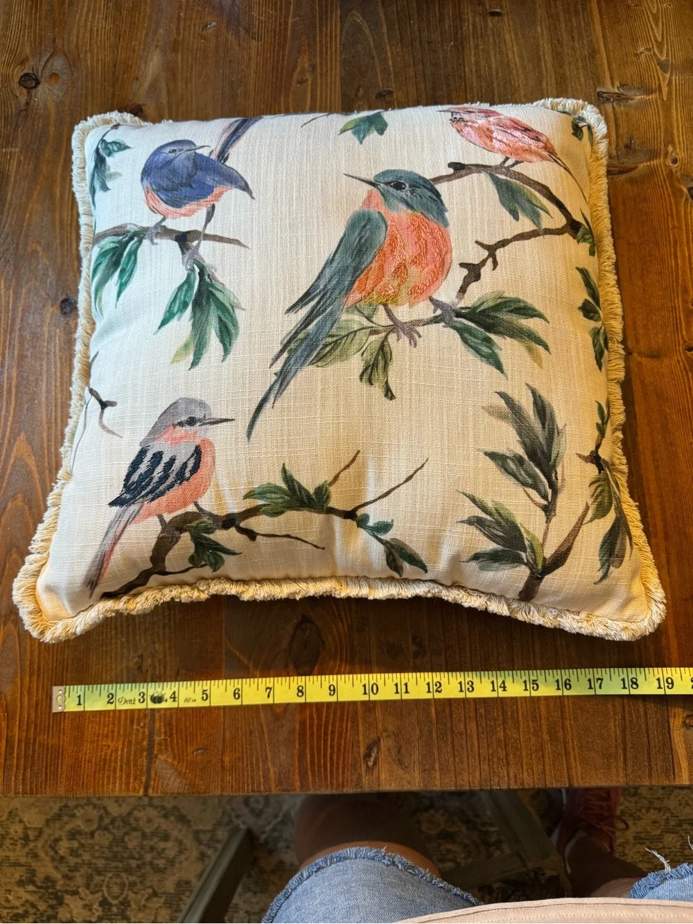 Source Unknown Cream Throw Pillow with Colorful Bird Print and Fringe